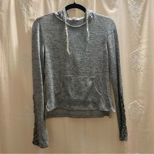 Aeropostale Cropped Grey Sweater with Hood and Crochet Flower Detailed Sleeves